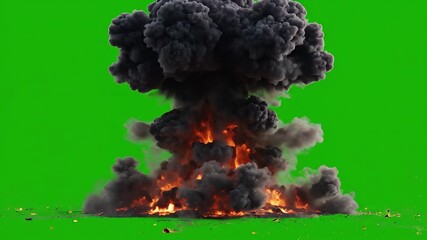 A massive and powerful fiery explosion erupts with intense flames and dense dark smoke billowing upwards against a vibrant green screen background perfect for visual effects compositing in action fil.