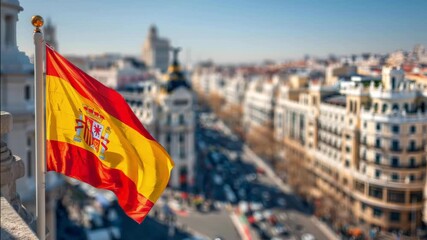 The Spanish flag flies proudly above city skyline, capturing the spirit of Independence Day. The vibrant colors stand out against the urban backdrop in this festive moment. - Powered by Adobe