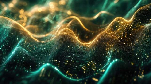 Glowing particles forming undulating digital waves across a dark background, representing complex data, network communication, energy, and abstract technology concepts - Powered by Adobe
