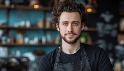Fototapeta premium Portrait Of Handsome Coffee Shop Owner And Barista In T-Shirt And Apron At Restaurant And Cafe Setting. Young Male Owner Waiter.