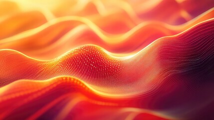 Abstract orange and red wave patterns formed by a grid of glowing digital particles creating a vibrant, dynamic background for modern technology, science, and communication concepts