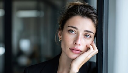 Worried Businesswoman Leaning Head Against Office Window. Shot Captured Of Her Standing In A Pensive State, Expressing Concern Or Anxiety.