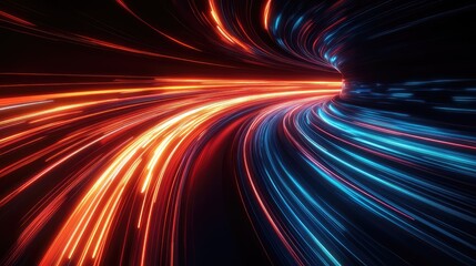 Abstract background showing glowing red and blue light trails moving rapidly through a dark curved tunnel, representing high speed data transmission and network connectivity