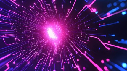Abstract background showing glowing pink and blue lines representing electronic circuits and data transfer. Visualizing connectivity. Speed. And information technology concepts in a futuristic tunnel