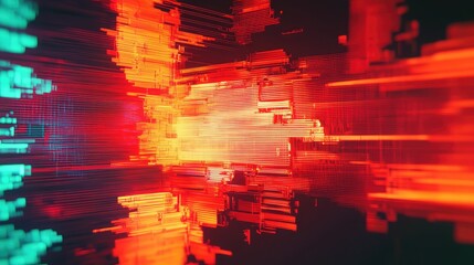 Abstract digital network background with glowing lines and blocks in red, orange and teal, conveying high speed data processing, ai driven communication and futuristic connectivity