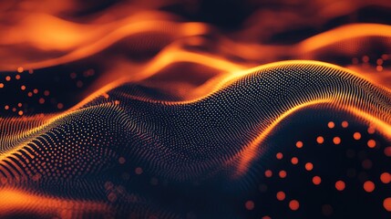 Abstract technology background showing moving dots connecting a digital mesh network, illustrating data stream, big data, and communication concepts with vibrant orange light