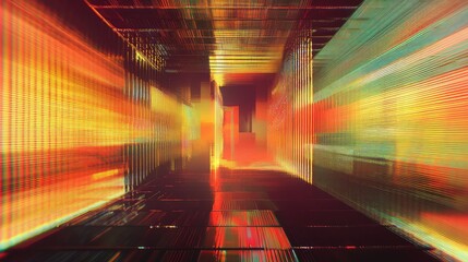 Abstract digital rendering showing vibrant light streaks and geometric lines creating a dynamic tunnel, representing concepts of data flow, network communication, and futuristic technology