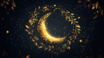 Golden Crescent Moon Surrounded by a Wreath of Leaves and Stars.