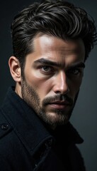 Obraz premium A close-up of a man with a strong jawline, intense expression, and styled hair, wearing a dark coat against a dramatic backdrop.