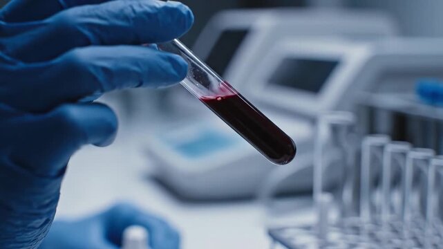 Detailed macro shot focuses on single glass tube filled with blood sample in hand of lab technician while blurred analyzers and racks in background emphasize high tech medical testing.
