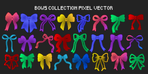 Retro Y2K Pixel Dithering Gradient Aesthetic Bow and Ribbon Vector Set with Various Colorful Shapes