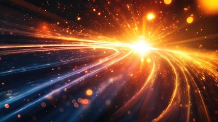 Obraz premium Abstract digital rendering showing dynamic blue and orange light trails moving forward, creating a sense of speed, motion, and data transmission through a futuristic tunnel
