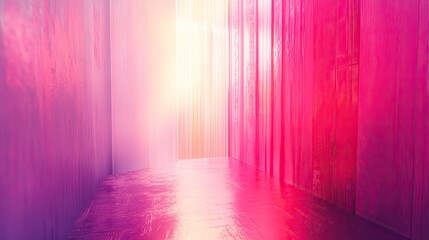 Futuristic colorful corridor with neon pink and purple gradients, glowing light at the end and reflective polished floor, symbolizing digital transformation and new beginnings