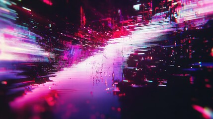 Abstract digital data stream creating a futuristic cyber landscape with glowing light trails and visual glitch effects, representing modern technology and global network connections