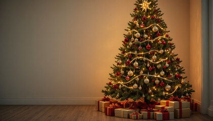 Warmly Lit Christmas Tree Against Neutral Wall Creating Cozy and Elegant Holiday Atmosphere