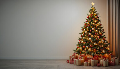 Decorated Christmas Tree on Right Side with Large Copy Space on Soft Neutral Background
