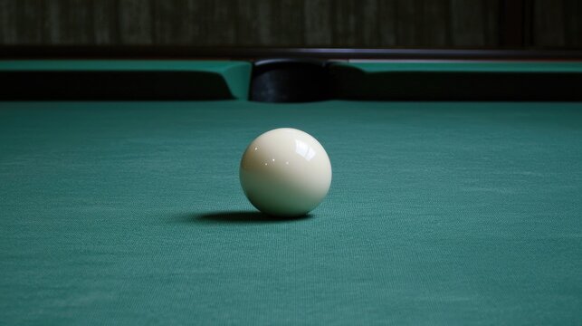 Billiard table featuring a chalk green felt surface and white cue ball positioned in a quiet setting without any distractions