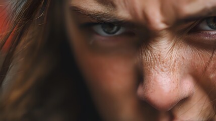 Fototapeta premium Close-up portrait of angry young Caucasian woman with intense blue eyes and furrowed brow showing frustration and rage emotions for psychology concepts.