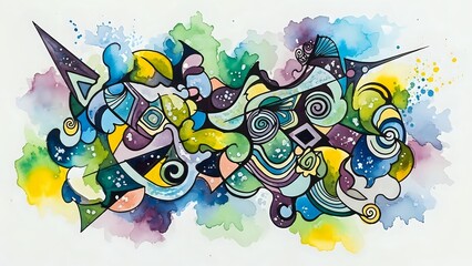 Naklejka premium Colorful abstract graffiti art with swirling shapes and watercolor splashes on white background. Modern street art style composition for creative projects.