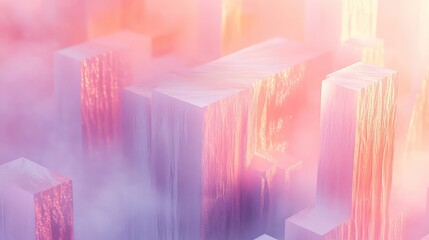 Abstract rectangular structures rising from a misty vapor, creating a modern dreamscape with a vibrant gradient color palette of pink, orange, and purple, highlighting futuristic urban development