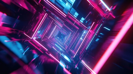 Abstract tunnel featuring glowing neon lights in vibrant pink and blue, creating a sense of rapid movement and depth in a futuristic digital environment
