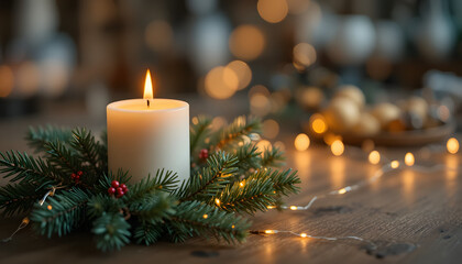 Christmas Candle with Pine Branches and Warm Fairy Lights Creating Traditional Festive Atmosphere