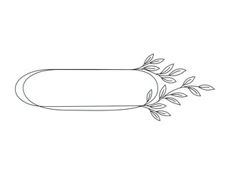 Minimalist line art oval frame with botanical leaves branch decoration isolated on white background for logo design and branding projects.