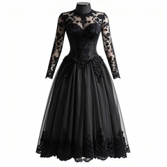 Black formal dress with lace bodice, long sleeves, and a flowing skirt