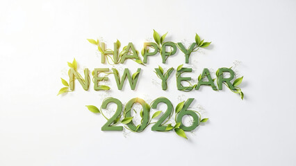 Obraz premium Happy New Year 2026 Elegant Green Text Decorated with Leaves and Flowers