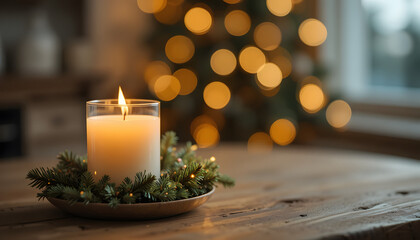 Single White Christmas Candle with Warm Golden Bokeh Lights Creating Cozy Holiday Atmosphere