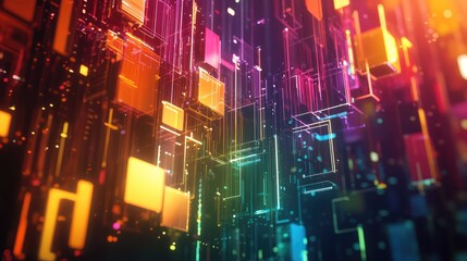 Digital network lines displaying abstract data flow and connectivity, forming a colorful grid pattern conveying concepts of big data, future technology, and global communication