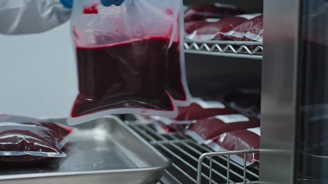 Detailed laboratory scene focuses on gloved technician loading sealed blood collection bags onto stainless steel rack of medical fridge emphasizing hospital blood donation