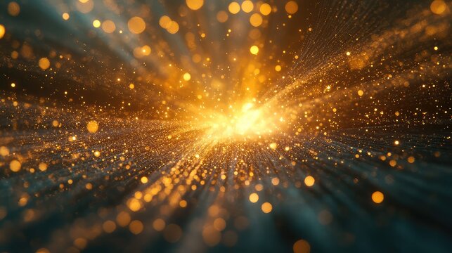 Abstract background featuring a dynamic burst of golden light particles and sparkling bokeh effects, expanding outwards with glowing rays and a shimmering texture - Powered by Adobe