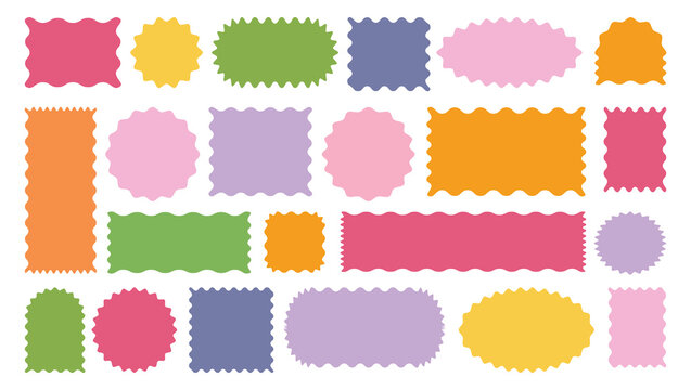 Scallop squiggly borders frame collection.. Rectangle shape frame with zig zag edge. Set of colorful leaves frames with wiggly borders. Geometric zig zag wavy stickers. 