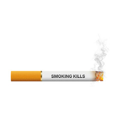 Burning Cigarette with 'Smoking Kills' Warning Label on Transparent Background PNG Image