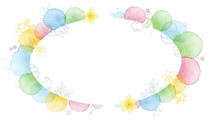 Fototapeta premium Watercolor oval frame with pastel circles in soft pink, blue, green and yellow tones on white background for spring designs and greeting cards.