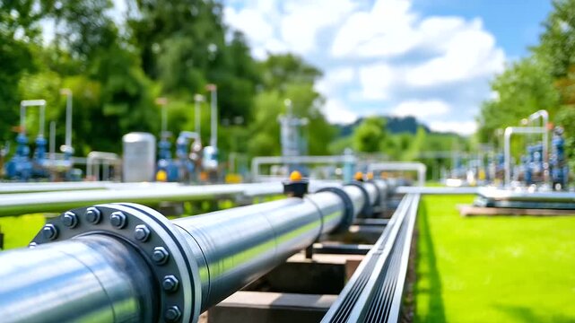 Eco-friendly industrial site featuring green hydrogen pipeline infrastructure, sustainable fuel distribution, clean energy network, renewable technology facility, defocused equipme