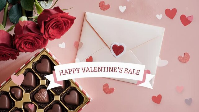 Box of heart chocolates with red roses and a valentines envelope arranged on a soft pink background with scattered heart confetti, leaving clear space for text or messaging on the right side