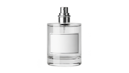 Clear glass perfume bottle with silver cap isolated on transparent background