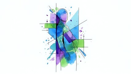 Obraz premium Abstract geometric composition with vibrant blue, purple and green shapes, lines and splashes on white background for modern digital art projects.