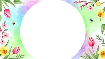 Watercolor spring floral frame with tulips, cherry blossoms and leaves on pastel background. Copy space for text or design elements.