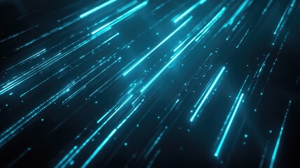Abstract background showing bright blue glowing lines and particles moving dynamically, representing high speed data transfer, digital information, and technological connectivity