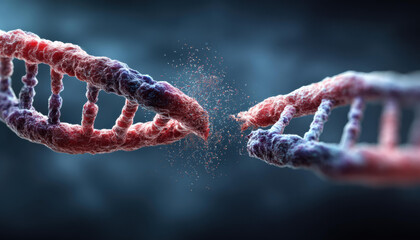 Broken damaged dna helix strand with chromosome mutation showing genetic disorder and gene medical biology concept with dark blue background