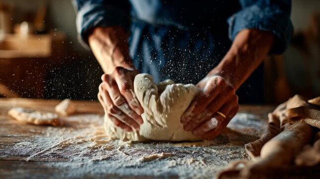 Satisfying close-up of hands kneading dough on a floured wooden surface, capturing artisan bread making, baking process and the tactile joy of homemade food.
