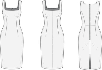 Sleeveless fitted dress technical fashion sketch, front, side, back views, square neckline, princess seams, back slit, garment construction vector © MstShahida