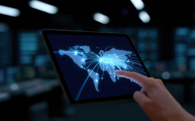 Closeup hand touching digital tablet displaying global network map connection inside dark control room reflecting serious professional atmosphere on cybersecurity analysis