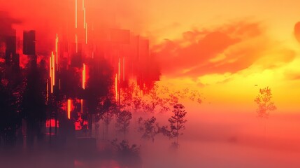 Futuristic cityscape merging with a dense forest, glowing orange vertical data streams and energy lines cutting through sunset skies and low fog in a digital, sci fi vision