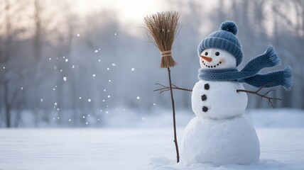 Fototapeta premium Snowman in winter landscape with broom and warm clothing