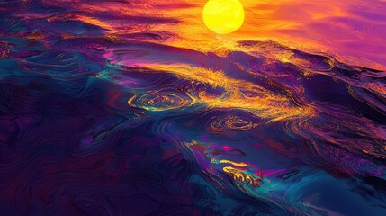 Vibrant abstract liquid creating swirling patterns and flowing textures, reflecting a luminous yellow orb in a rich spectrum of gold, orange, pink, purple, blue, and teal colors