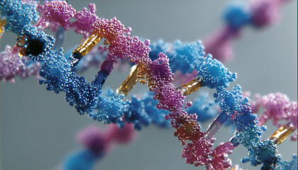 Complex double helix DNA structure molecule illustrating scientific research genome and genetic data with blue and pink spirals showing connectivity biology and medical science discovery evolution